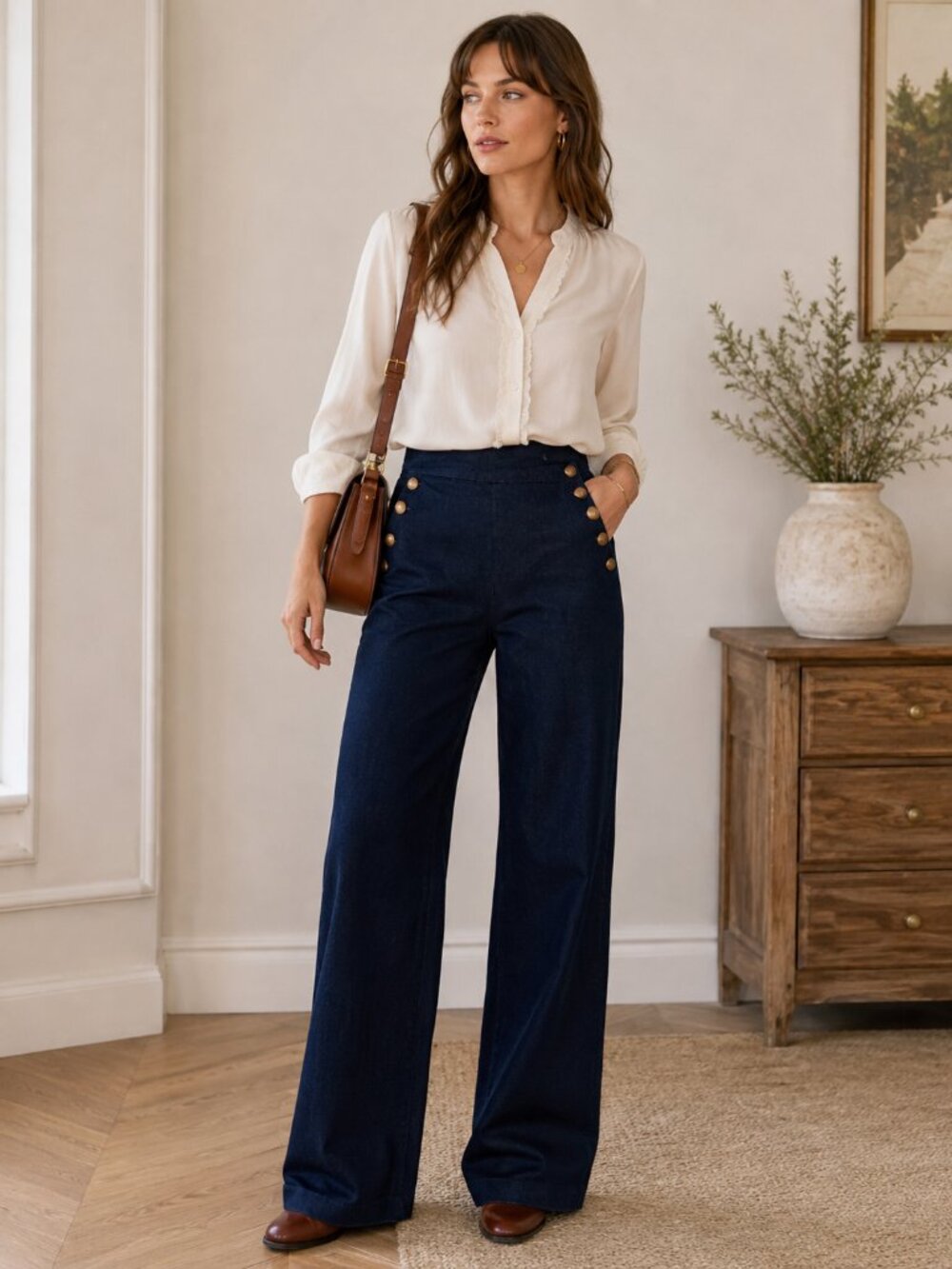 Sezane Marino Denim Trouser High-rise Wide Leg Sailor Buttons in Dark Indigo 36